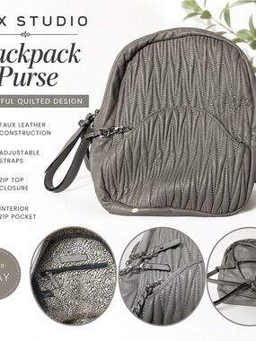 Max Studio Quilted Gray Backpack Purse with Chain Accent